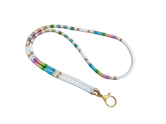White Rainbow Beaded Phone Lanyard Handmade Seed Bead Strap Badge Holder