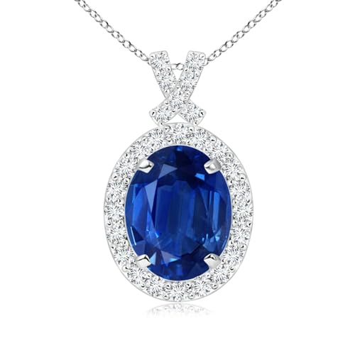 14K Gold Natural Blue Sapphire Oval Diamond Halo Pendant