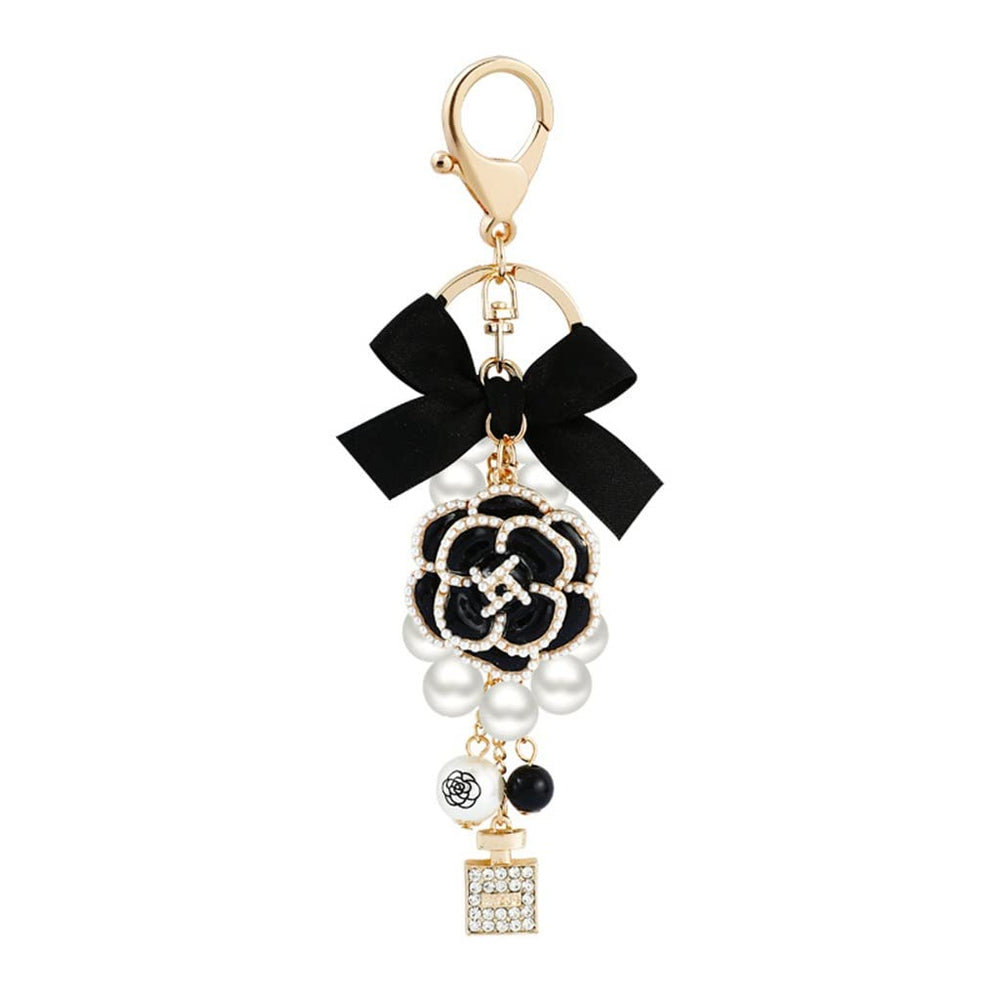 Rhinestone Camellia Bow Pearl Chain Keychain Floral Bag Charm