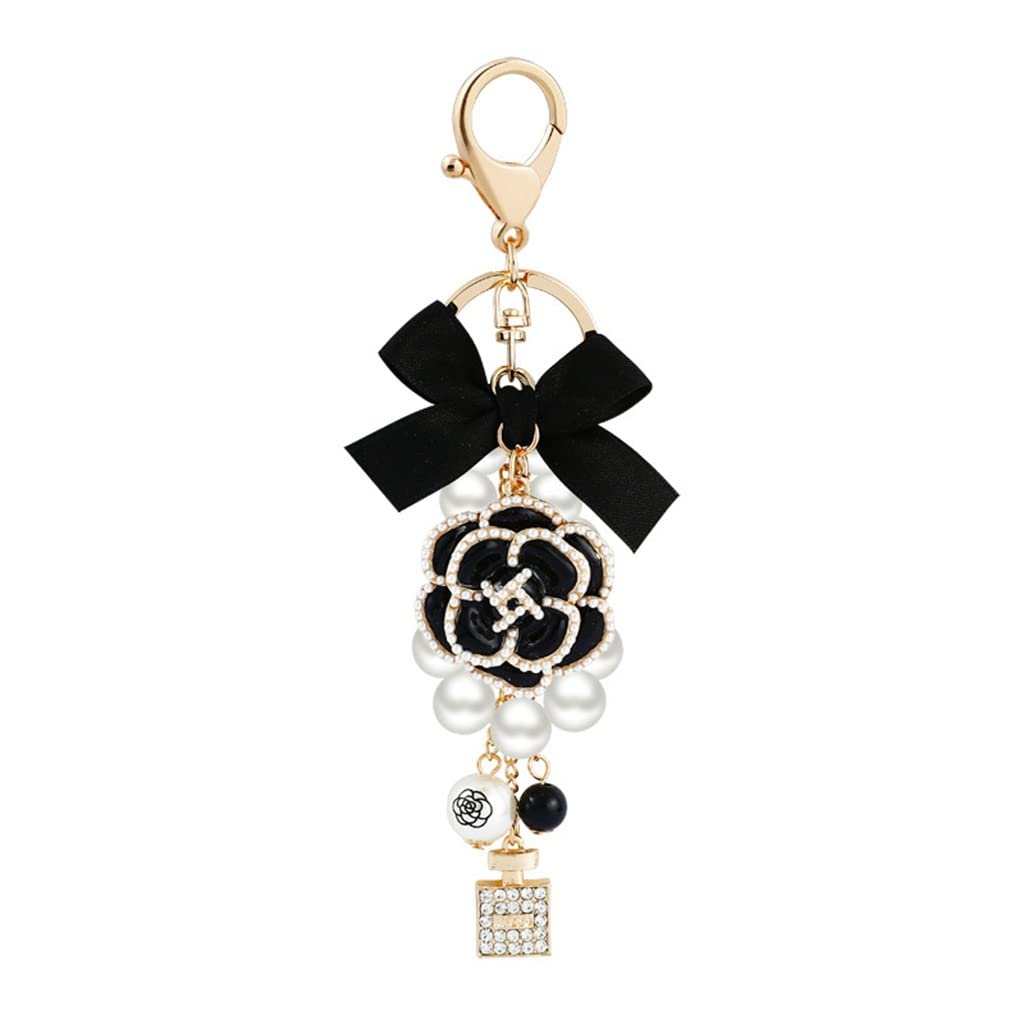 Rhinestone Camellia Bow Pearl Chain Keychain Floral Bag Charm
