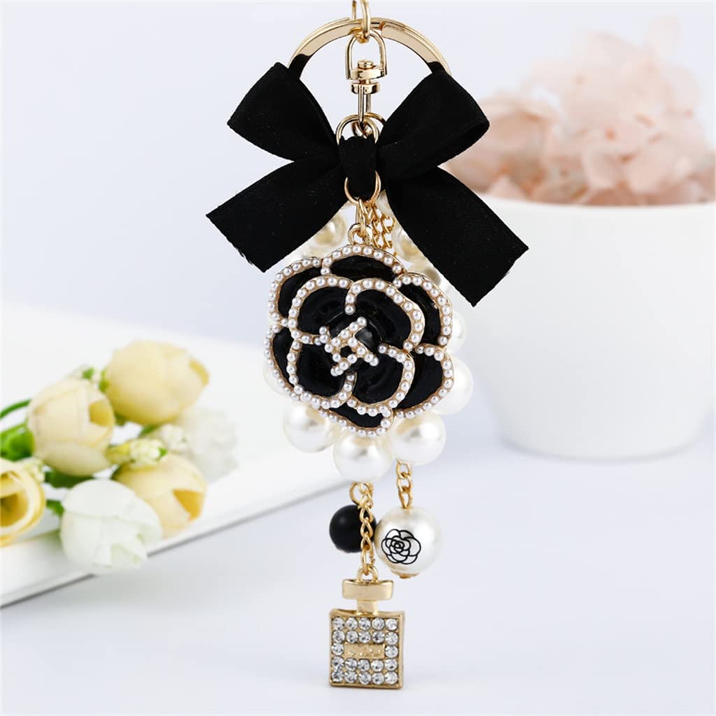 Rhinestone Camellia Bow Pearl Chain Keychain Floral Bag Charm
