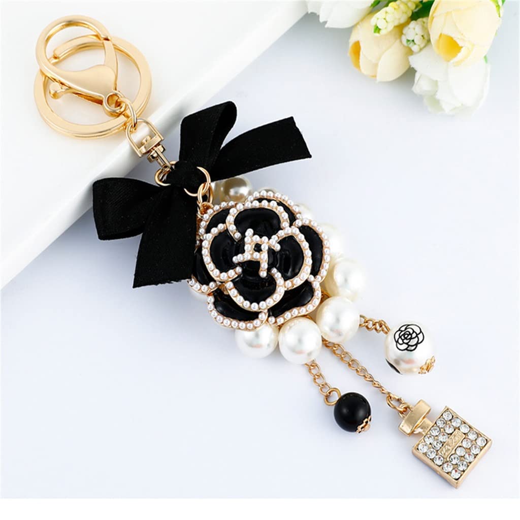 Rhinestone Camellia Bow Pearl Chain Keychain Floral Bag Charm