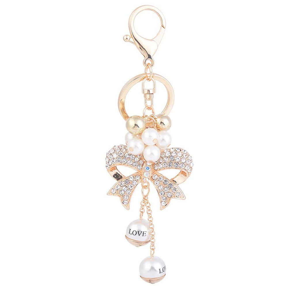 Pearl Crystal Bow Chain Keychain Alloy Bag Pendant Car Charm