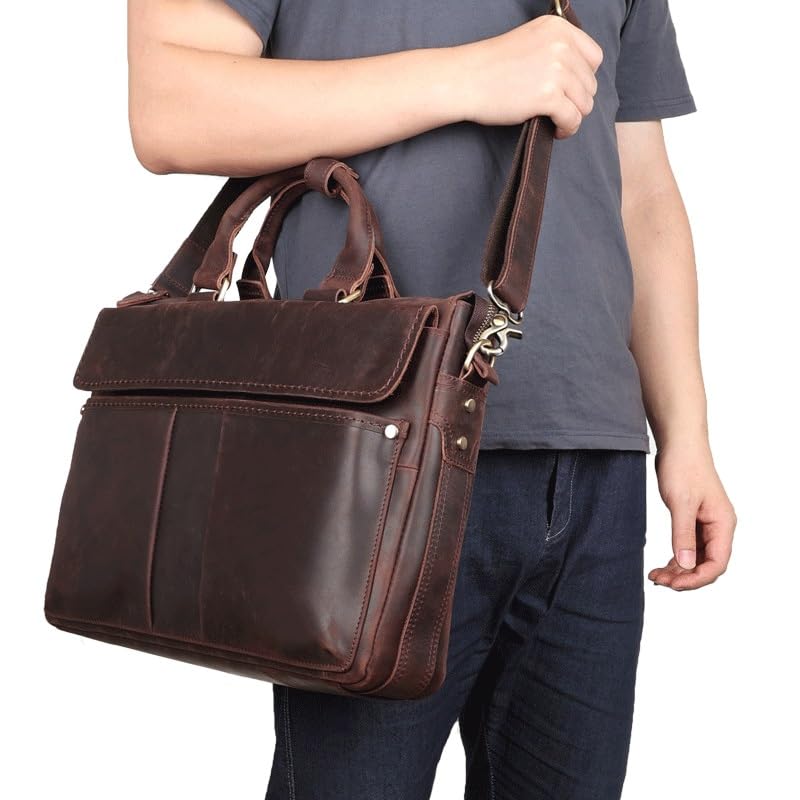 Vintage Crazy Horse Leather Laptop Briefcase Crossbody Bag
