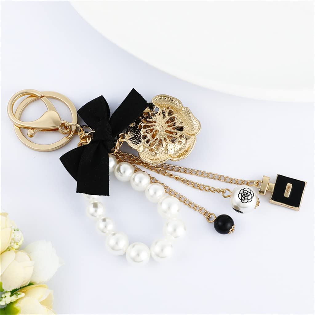 Rhinestone Camellia Bow Pearl Chain Keychain Floral Bag Charm