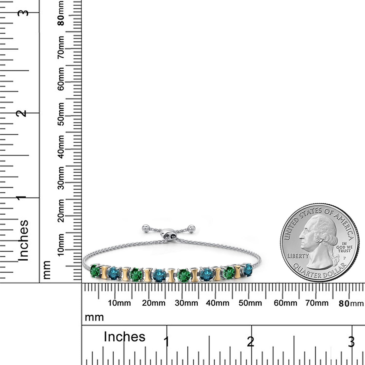10K Gold 925 Silver Green Nano Emerald Blue Diamond Bracelet 9 Inch