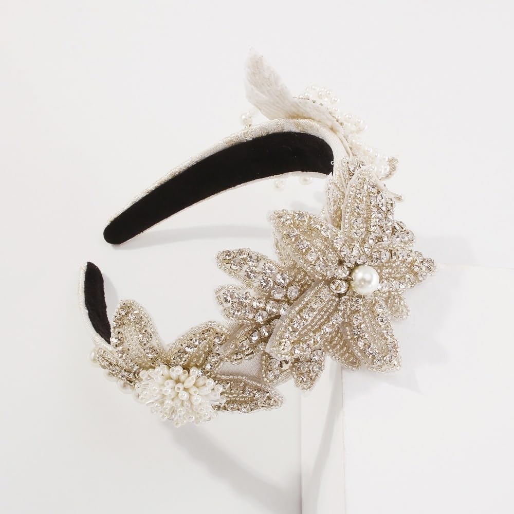 Floral Beaded Fringe Headband Handmade Rice Bead Hair Accessory