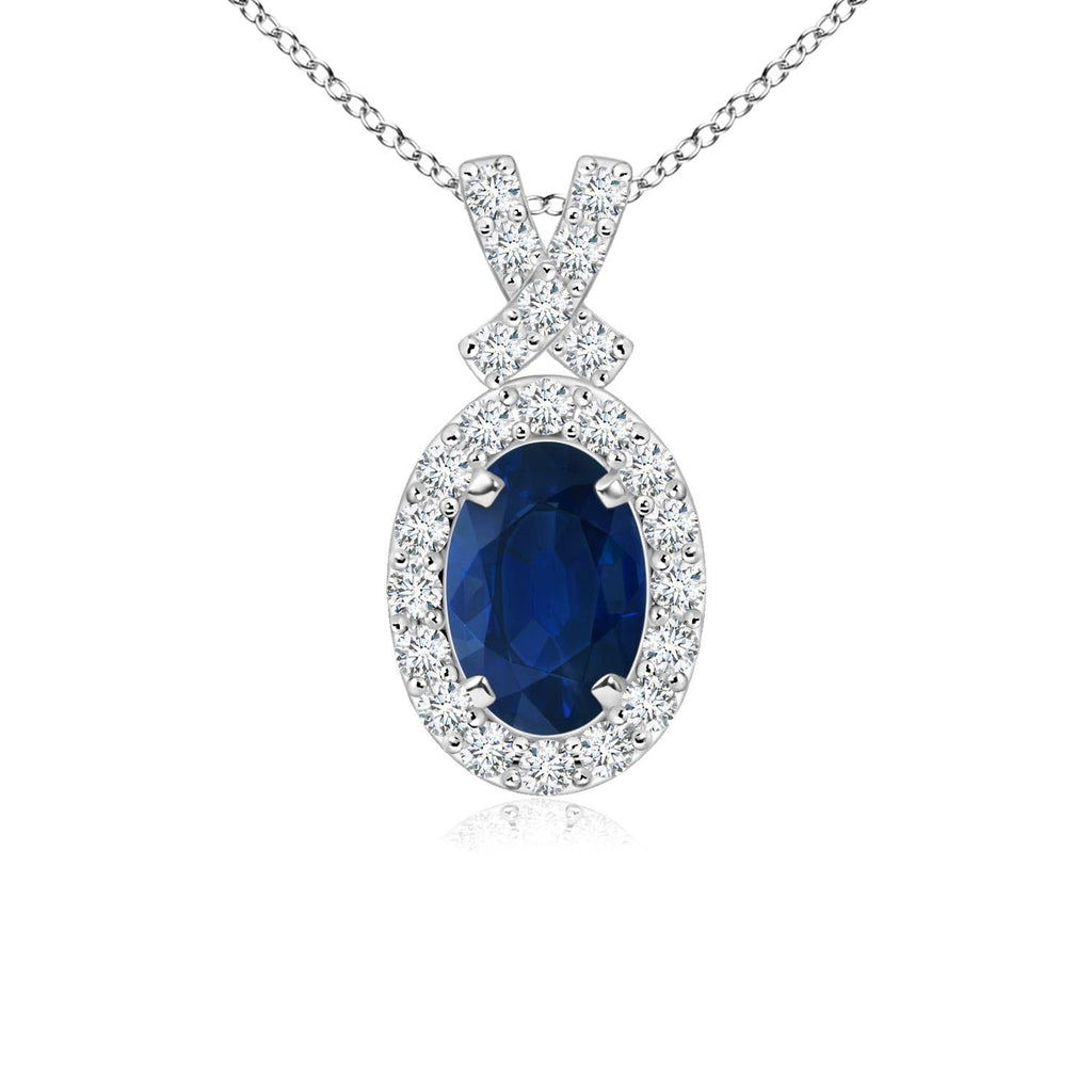 14K Gold Natural Blue Sapphire Oval Diamond Halo Pendant