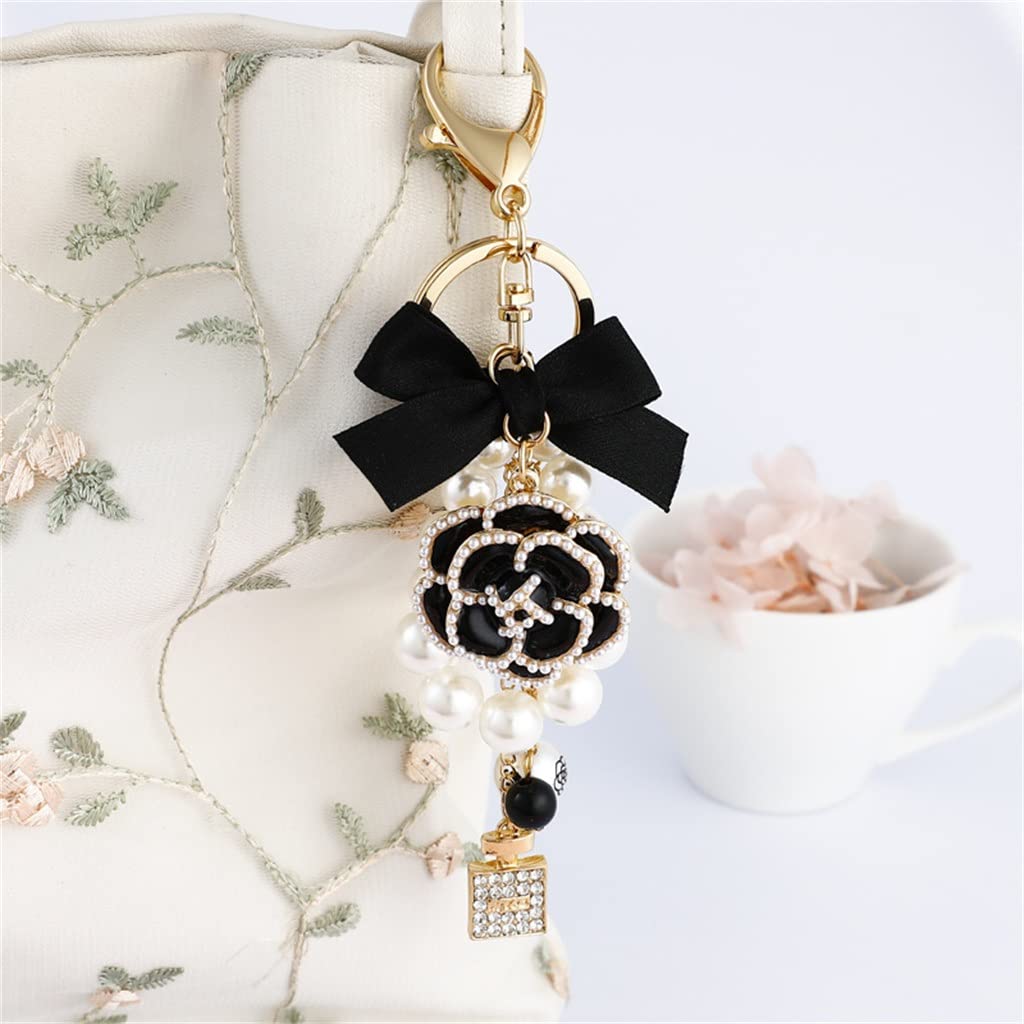 Rhinestone Camellia Bow Pearl Chain Keychain Floral Bag Charm