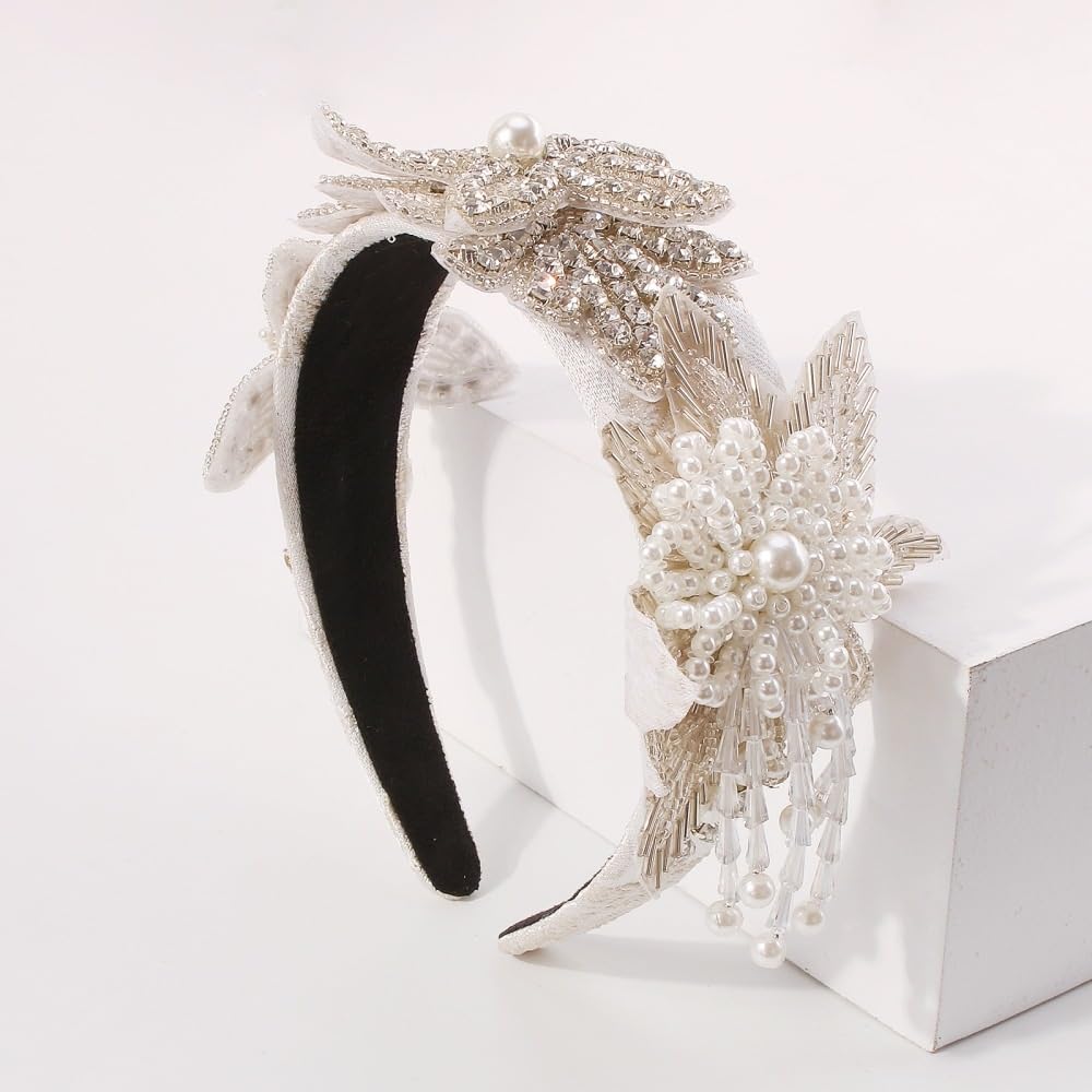 Floral Beaded Fringe Headband Handmade Rice Bead Hair Accessory
