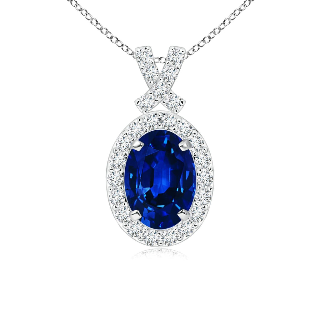 14K Gold Natural Blue Sapphire Oval Diamond Halo Pendant
