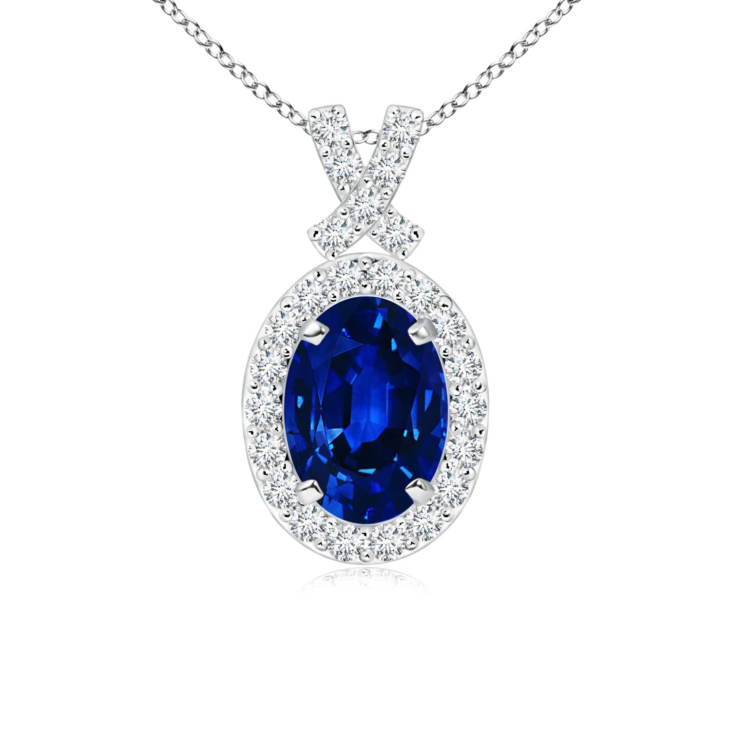 14K Gold Natural Blue Sapphire Oval Diamond Halo Pendant