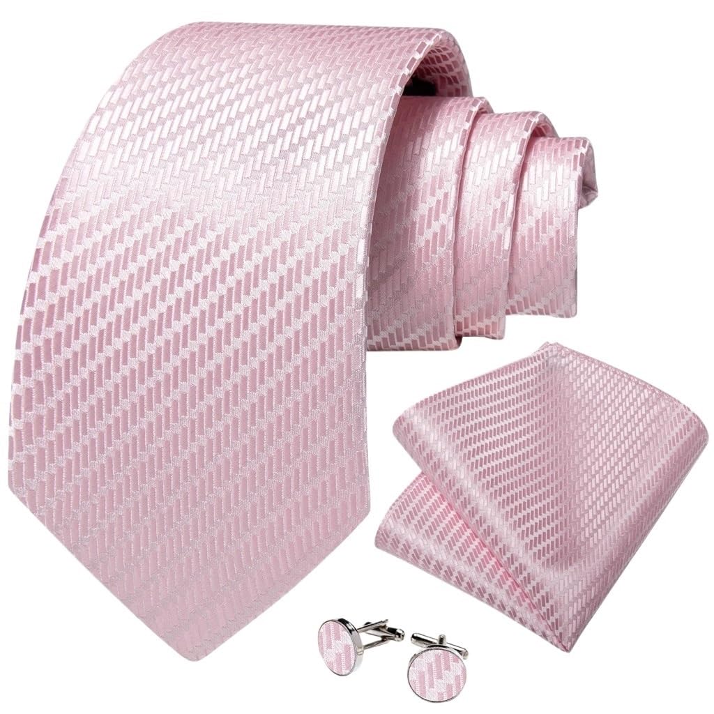 Men Pink Solid Necktie Set with Pocket Square Cufflinks