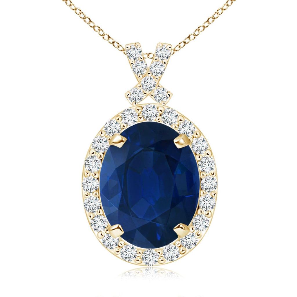 14K Gold Natural Blue Sapphire Oval Diamond Halo Pendant