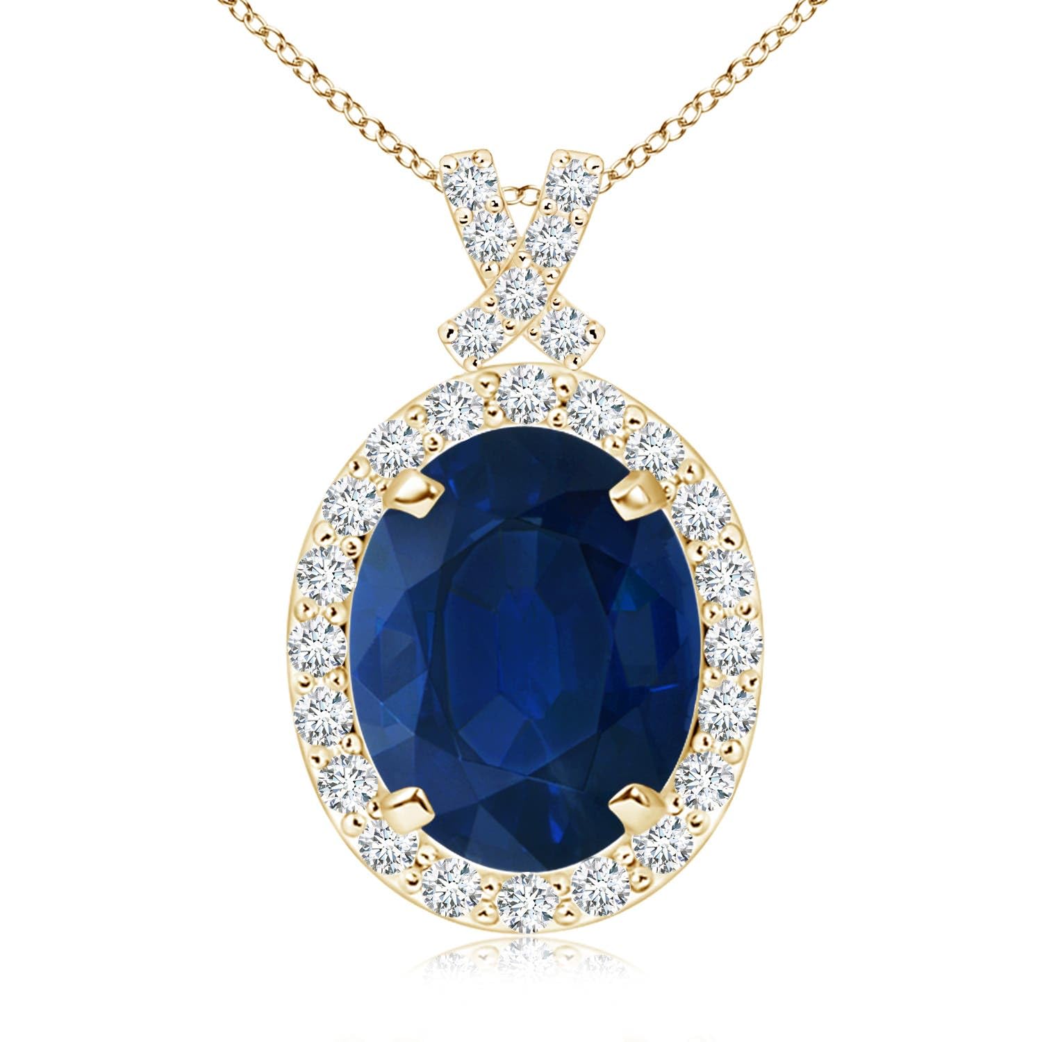14K Gold Natural Blue Sapphire Oval Diamond Halo Pendant