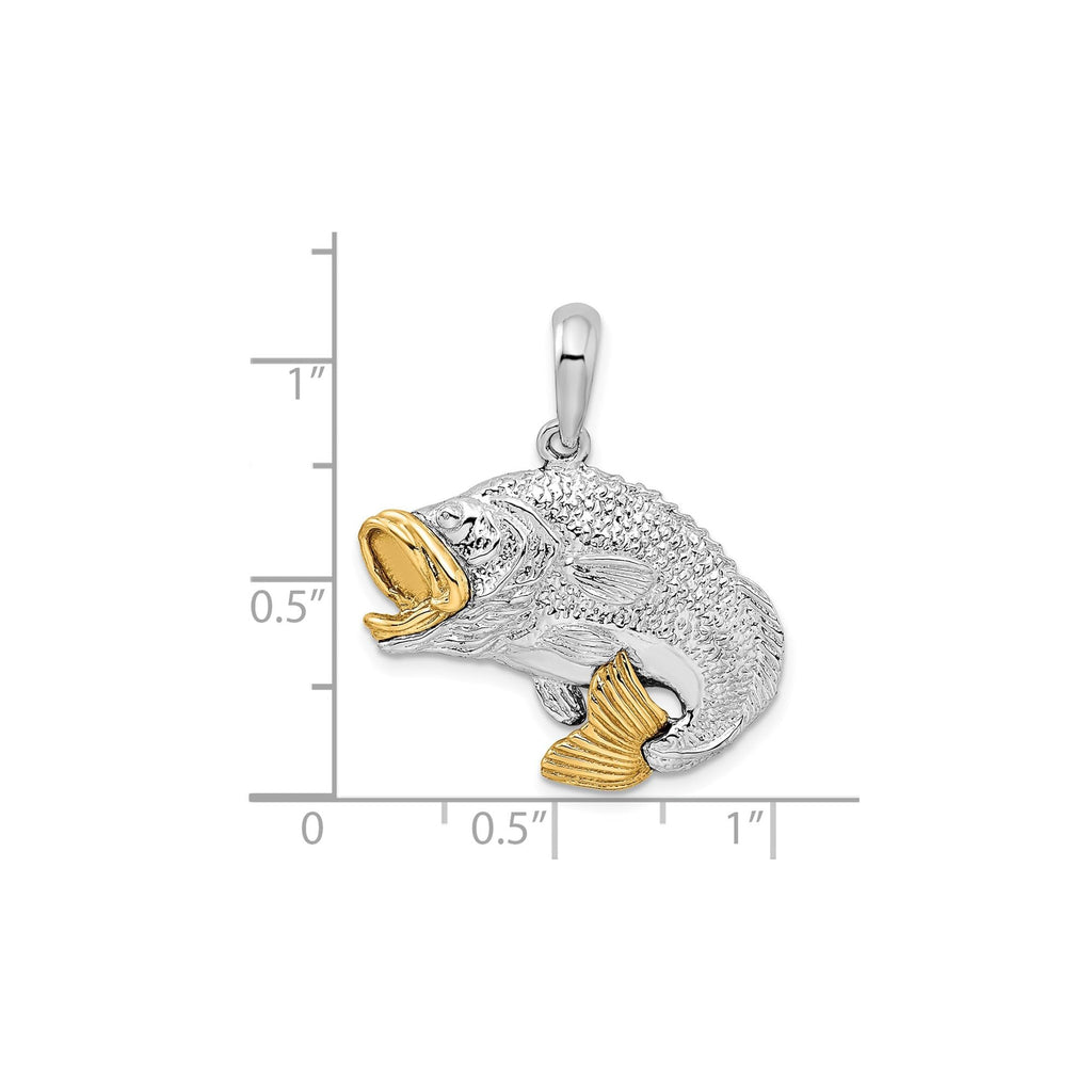 Two Tone Silver 14K Gold Bass Pendant Necklace Fish Charm Angler Jewelry