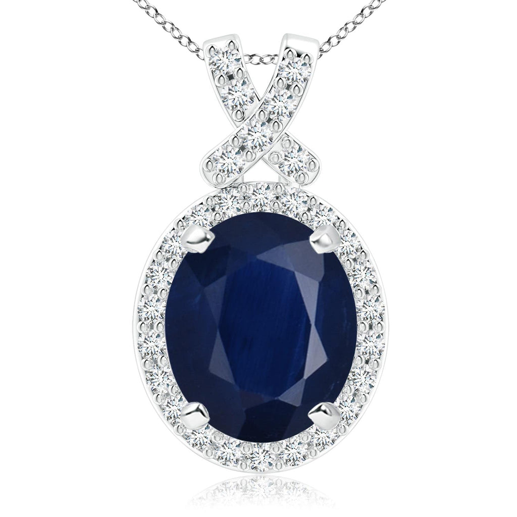 14K Gold Natural Blue Sapphire Oval Diamond Halo Pendant