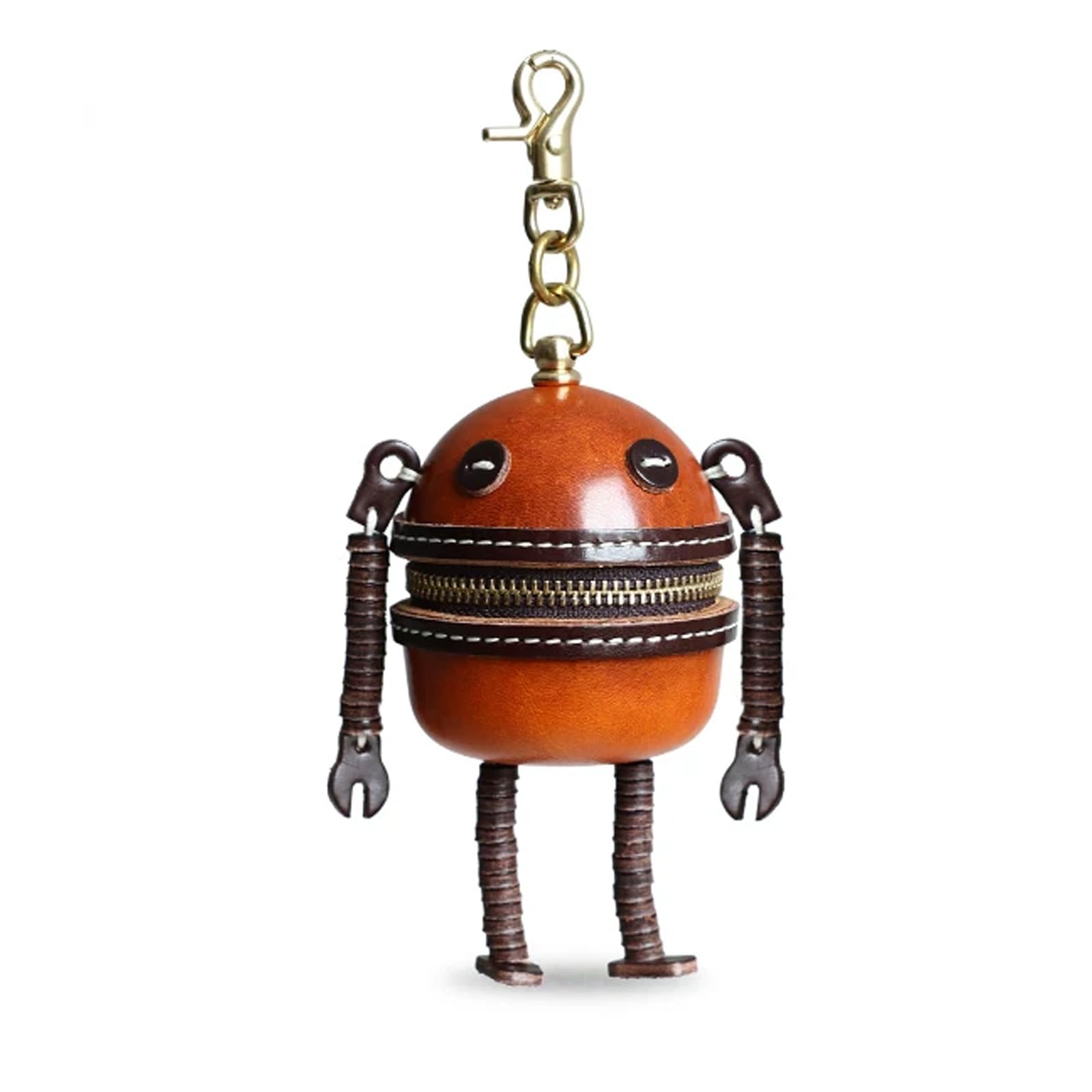 Vegetable Tanned Leather Robot Keychain Mini Zipper Pouch Key Holder Bag Charm