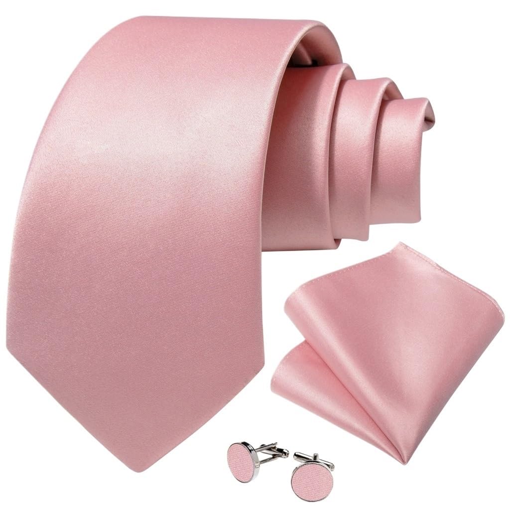 Men Pink Solid Necktie Set with Pocket Square Cufflinks