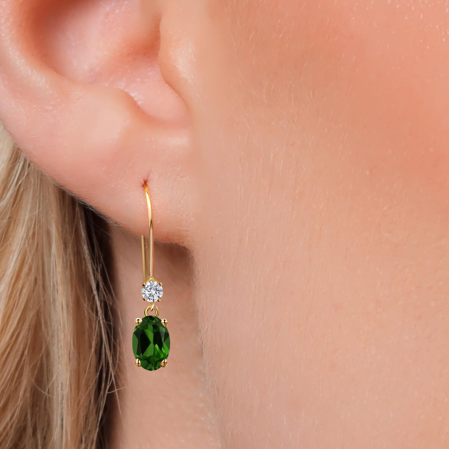 14K Yellow Gold Green Diopside Lab Diamond Oval Earrings