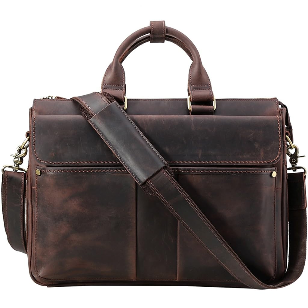 Vintage Crazy Horse Leather Laptop Briefcase Crossbody Bag