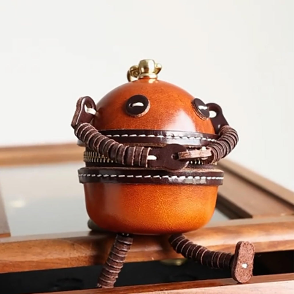 Vegetable Tanned Leather Robot Keychain Mini Zipper Pouch Key Holder Bag Charm