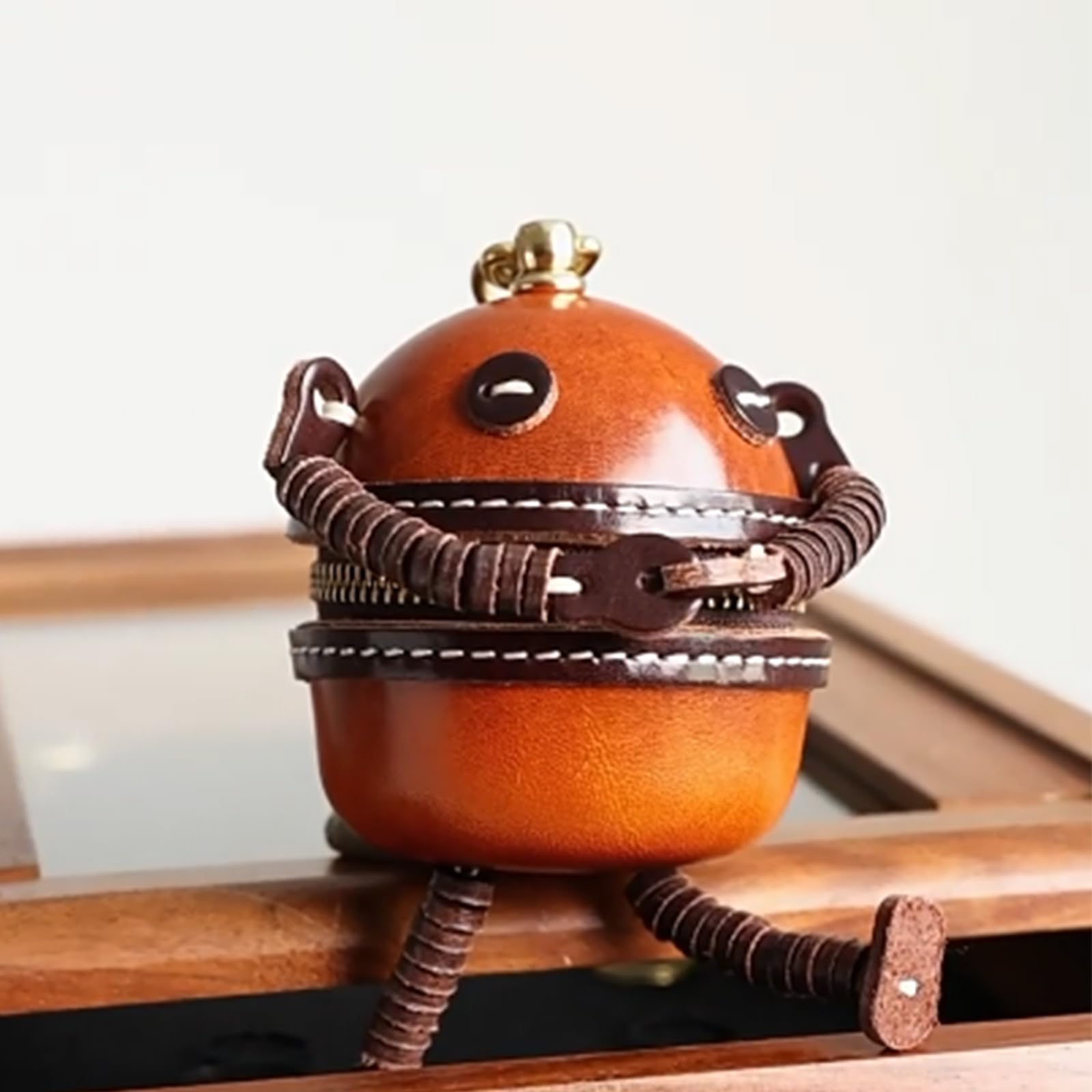 Vegetable Tanned Leather Robot Keychain Mini Zipper Pouch Key Holder Bag Charm