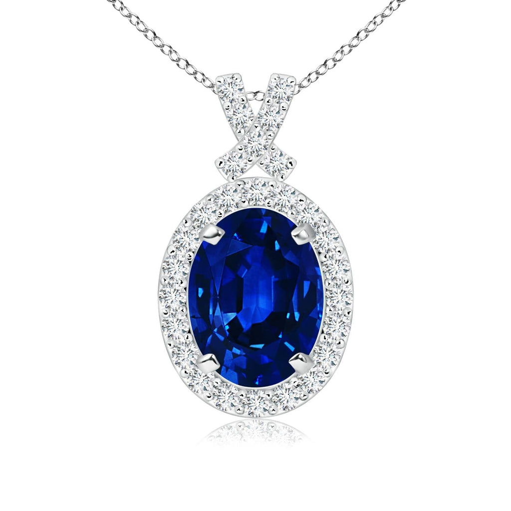 14K Gold Natural Blue Sapphire Oval Diamond Halo Pendant