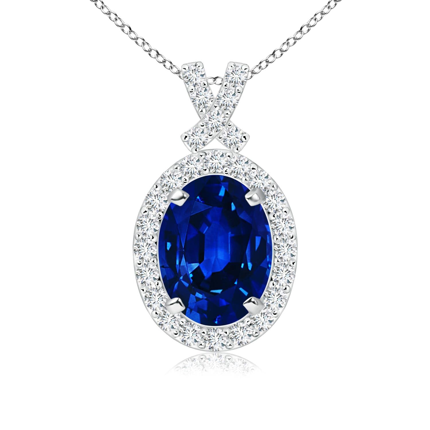 14K Gold Natural Blue Sapphire Oval Diamond Halo Pendant