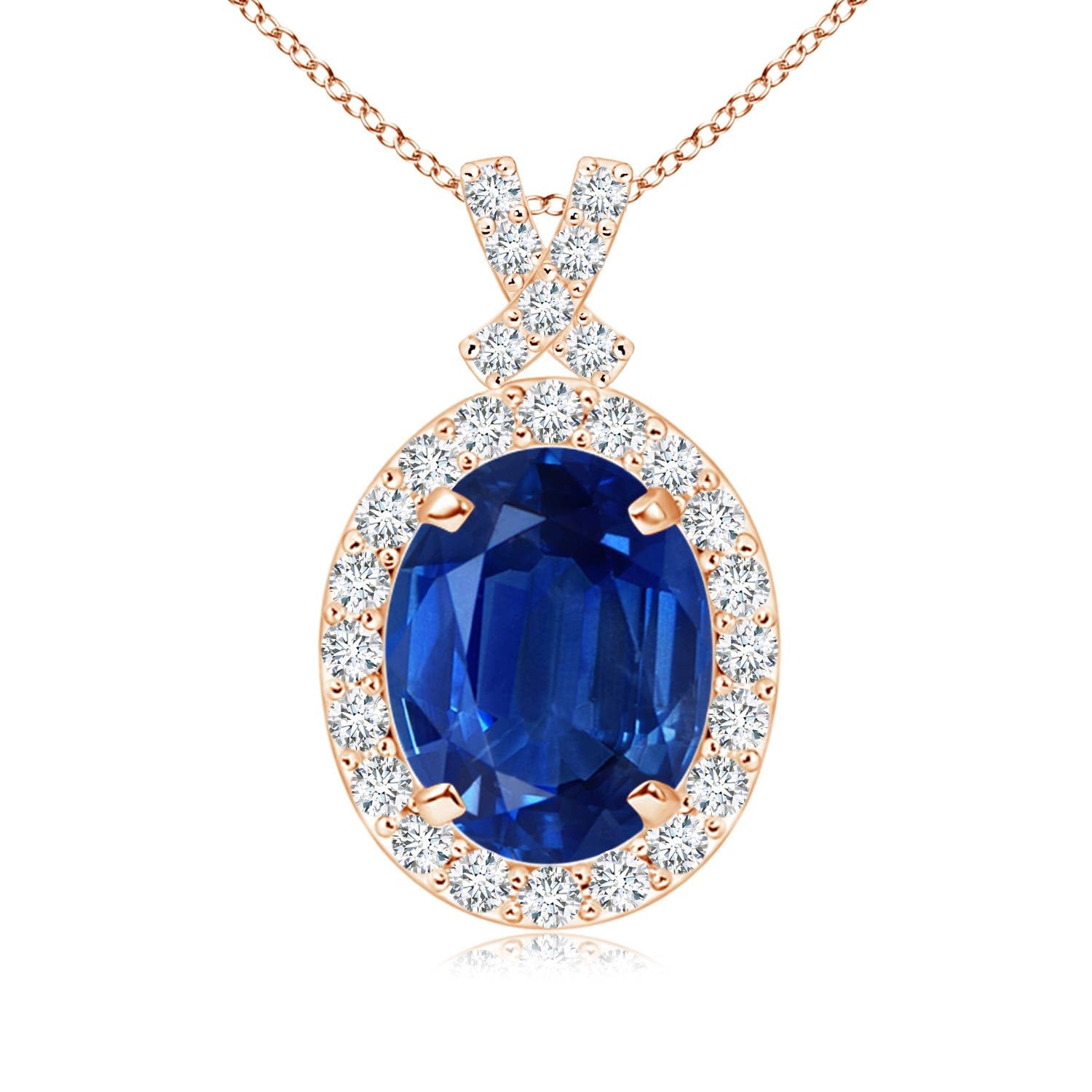 14K Gold Natural Blue Sapphire Oval Diamond Halo Pendant
