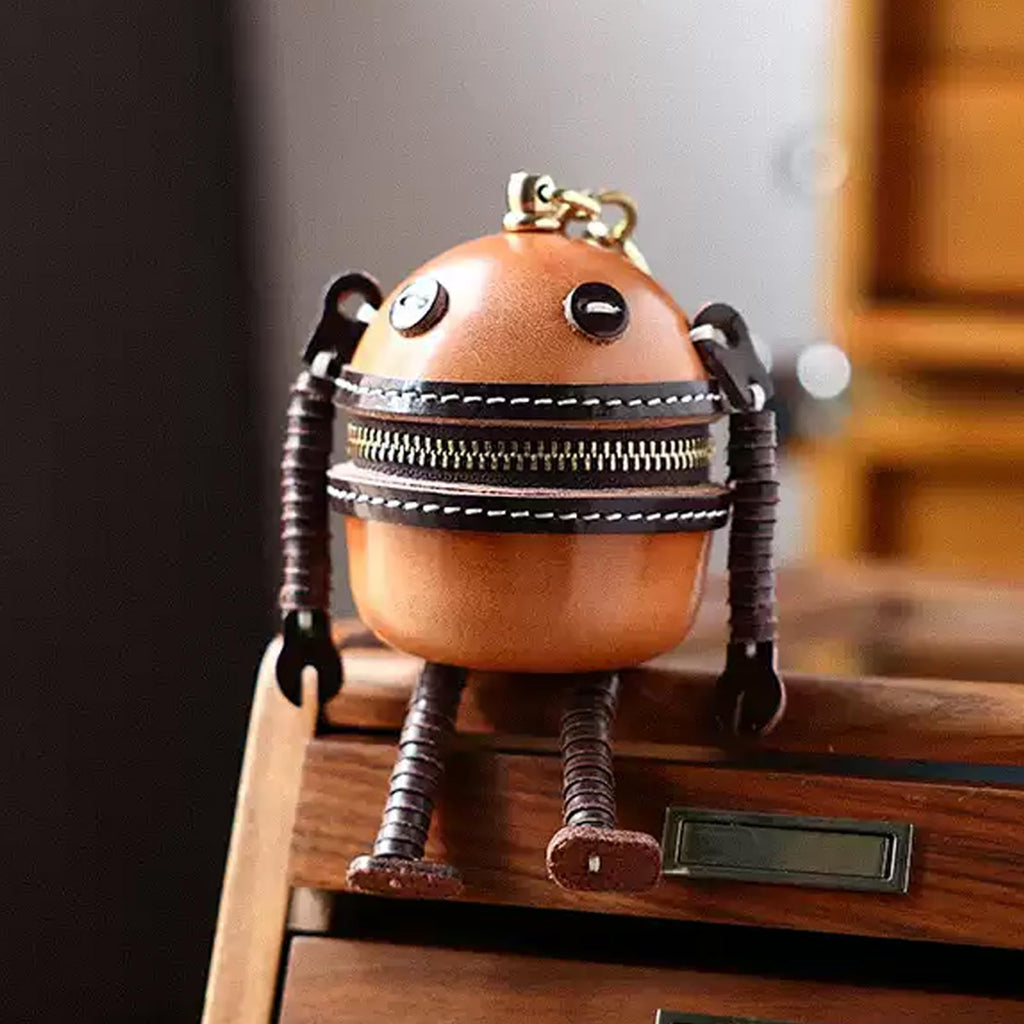 Vegetable Tanned Leather Robot Keychain Mini Zipper Pouch Key Holder Bag Charm