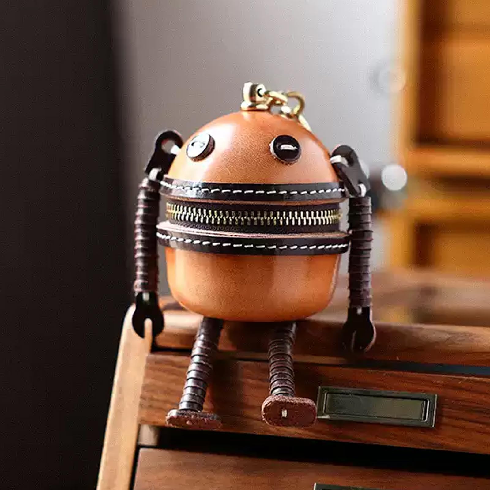 Vegetable Tanned Leather Robot Keychain Mini Zipper Pouch Key Holder Bag Charm