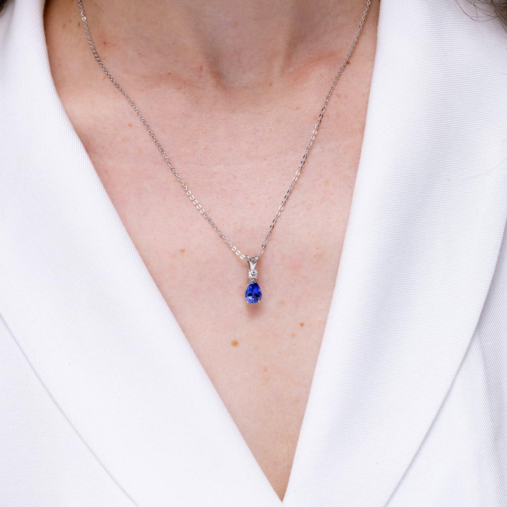 14K Gold Natural Tanzanite Teardrop Pendant with Diamond