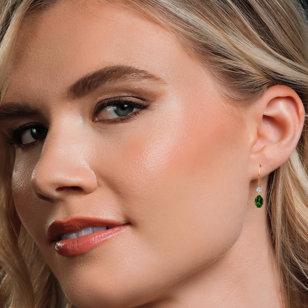 14K Yellow Gold Green Diopside Lab Diamond Oval Earrings