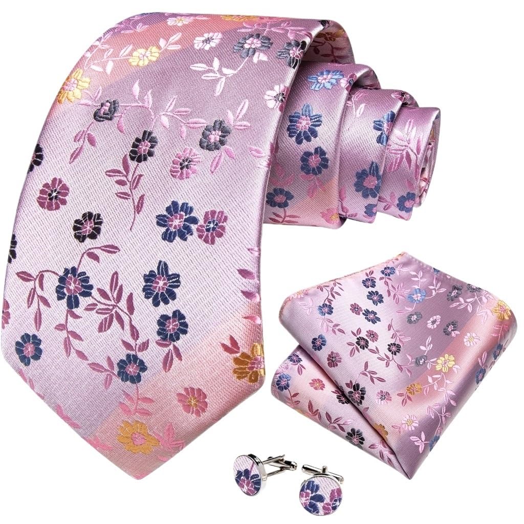 Men Pink Solid Necktie Set with Pocket Square Cufflinks