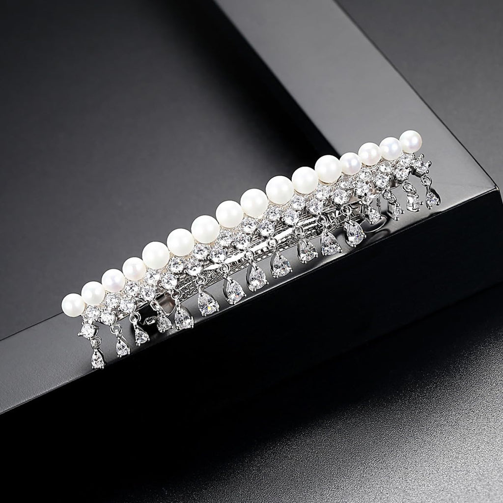 14K Gold Crystal Barrette Flower Pearl Hair Clip Tassel Accessory