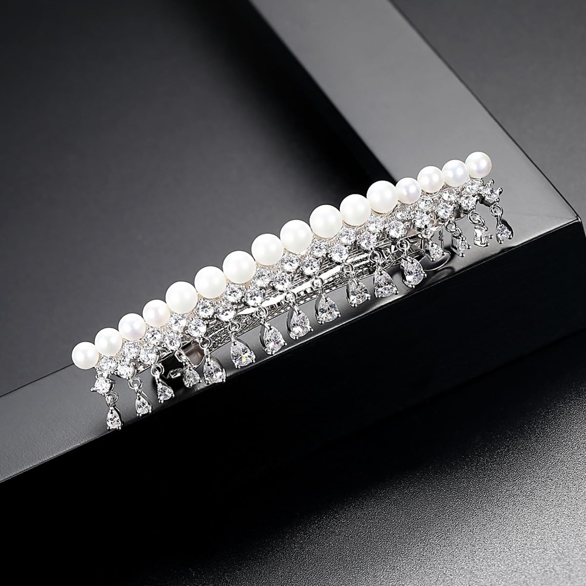 14K Gold Crystal Barrette Flower Pearl Hair Clip Tassel Accessory