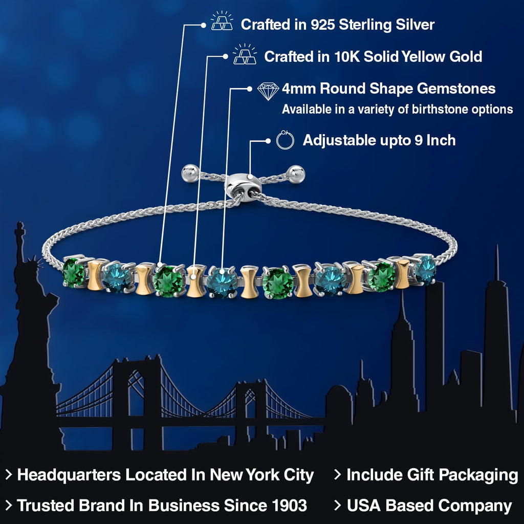 10K Gold 925 Silver Green Nano Emerald Blue Diamond Bracelet 9 Inch