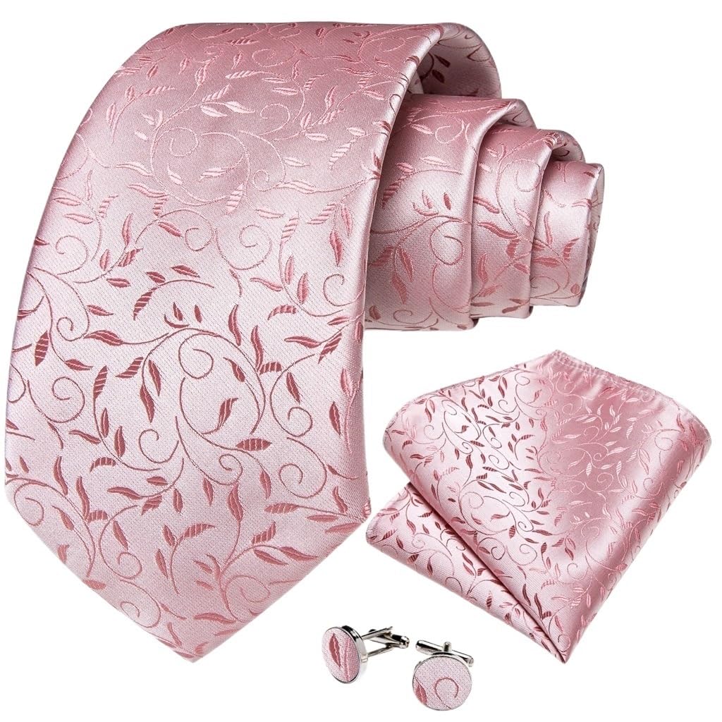 Men Pink Solid Necktie Set with Pocket Square Cufflinks