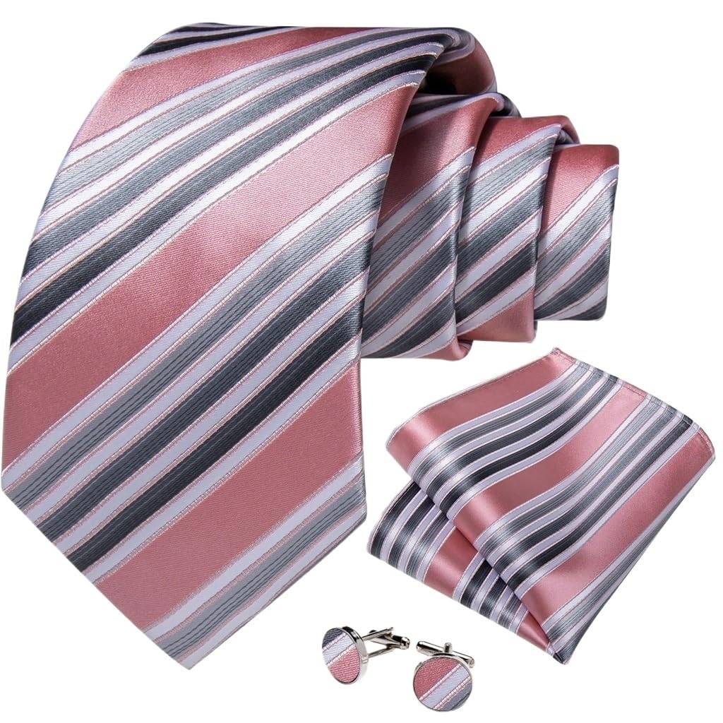 Men Pink Solid Necktie Set with Pocket Square Cufflinks