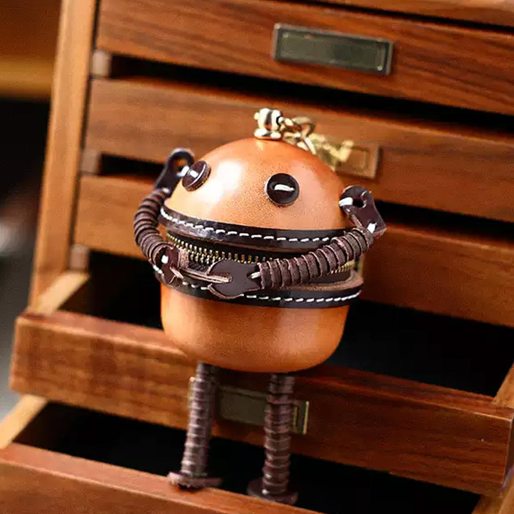 Vegetable Tanned Leather Robot Keychain Mini Zipper Pouch Key Holder Bag Charm