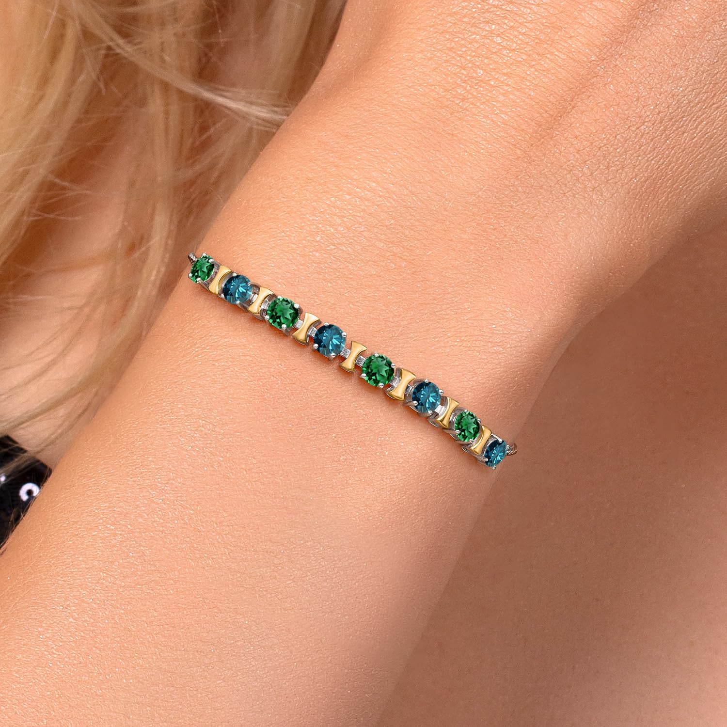 10K Gold 925 Silver Green Nano Emerald Blue Diamond Bracelet 9 Inch