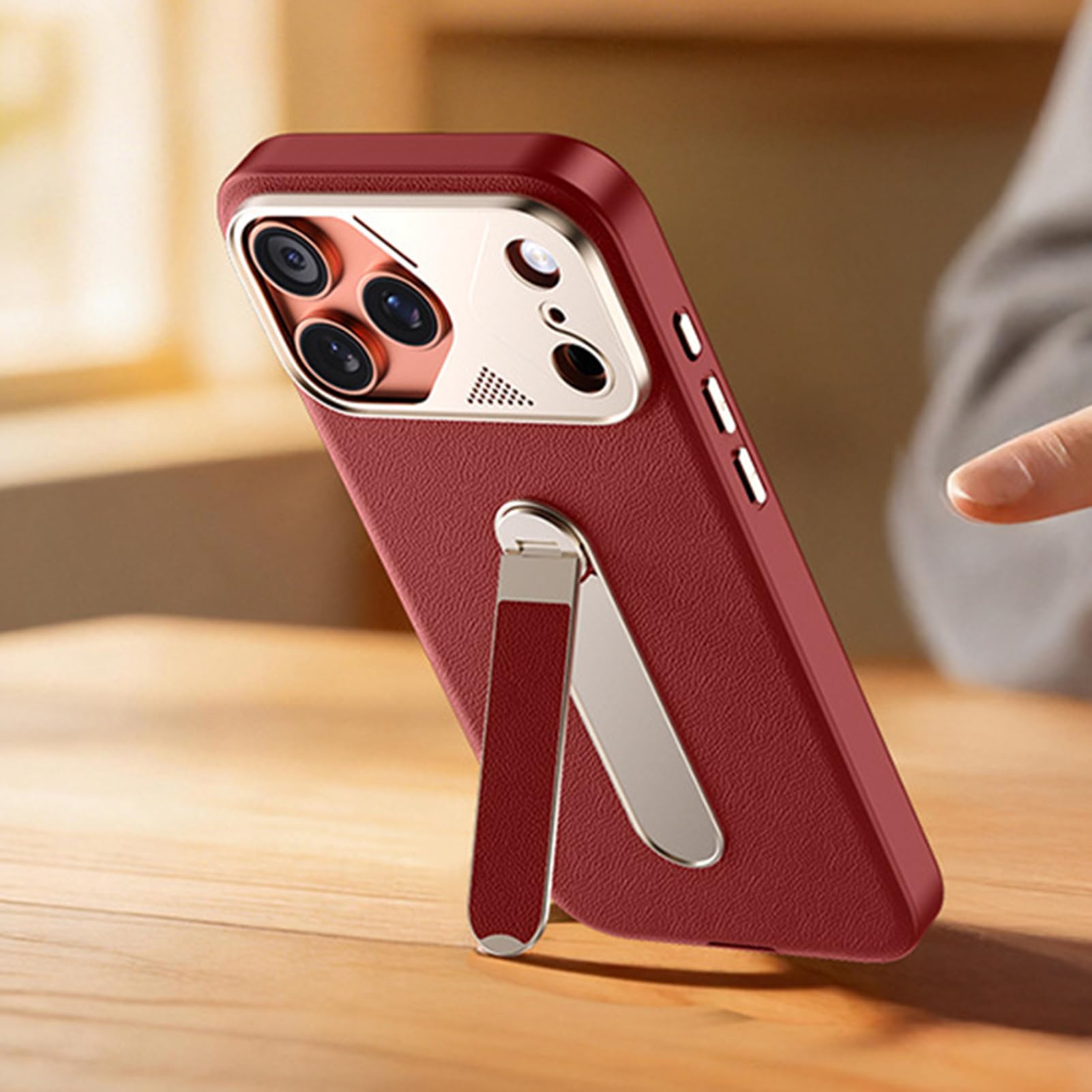 Slim Leather Plating iPhone 17 Case Adjustable Stand Lens Protection Shockproof Cover
