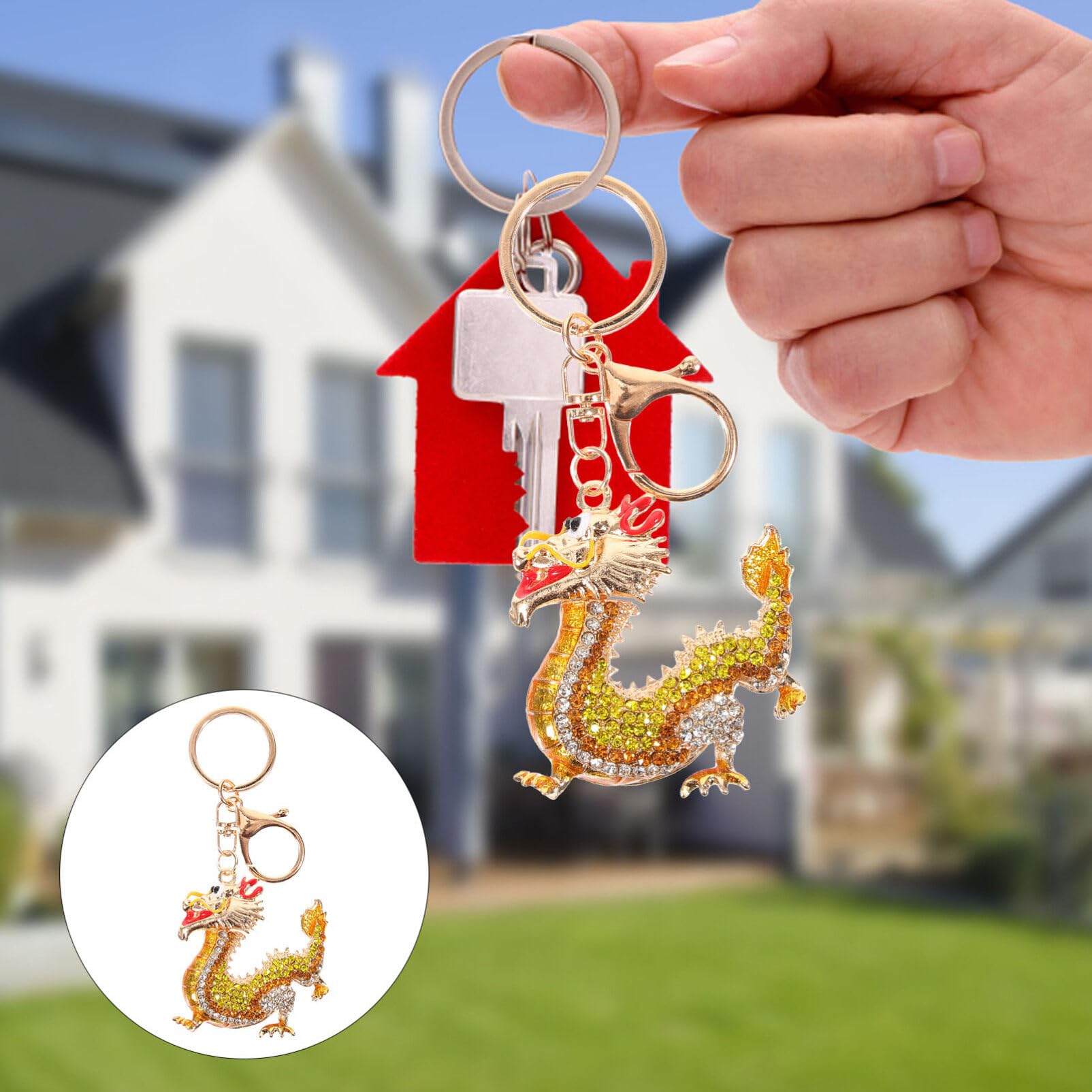 Rhinestone Zodiac Dragon Keychain Feng Shui Luck Wealth Charm
