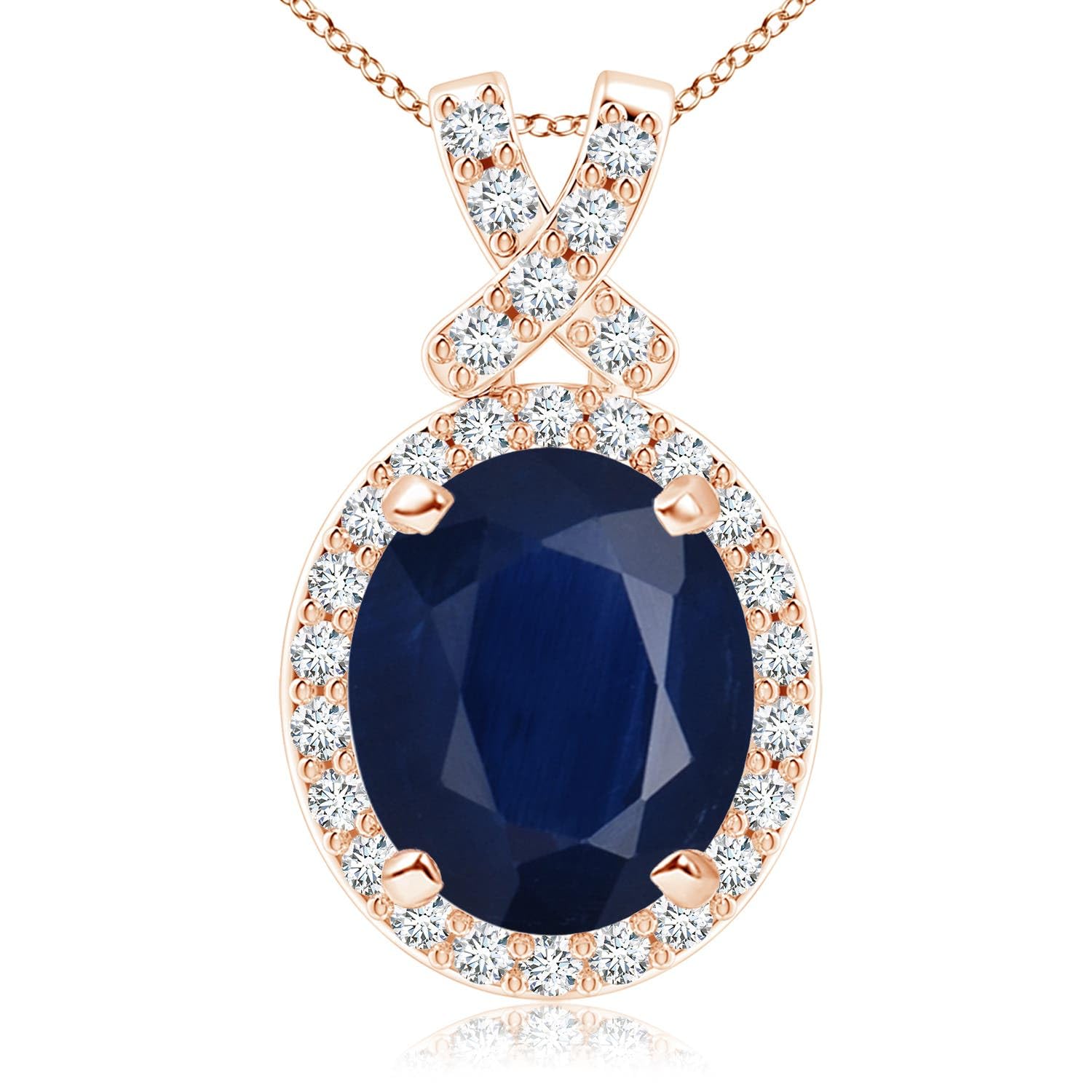 14K Gold Natural Blue Sapphire Oval Diamond Halo Pendant