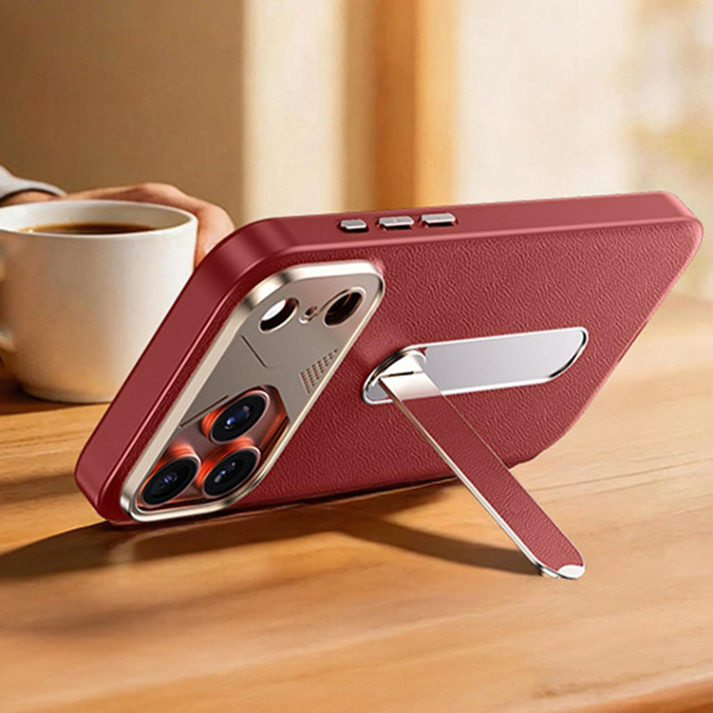 Slim Leather Plating iPhone 17 Case Adjustable Stand Lens Protection Shockproof Cover