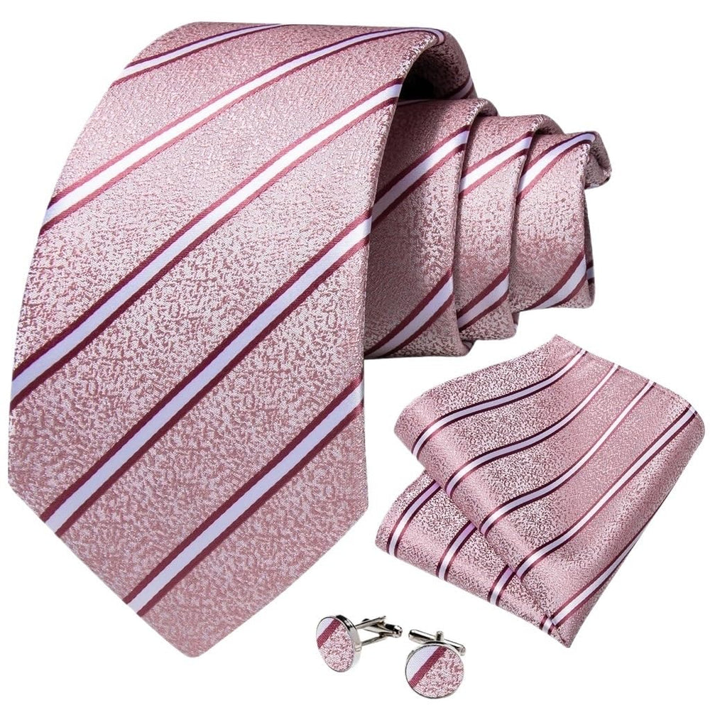 Men Pink Solid Necktie Set with Pocket Square Cufflinks