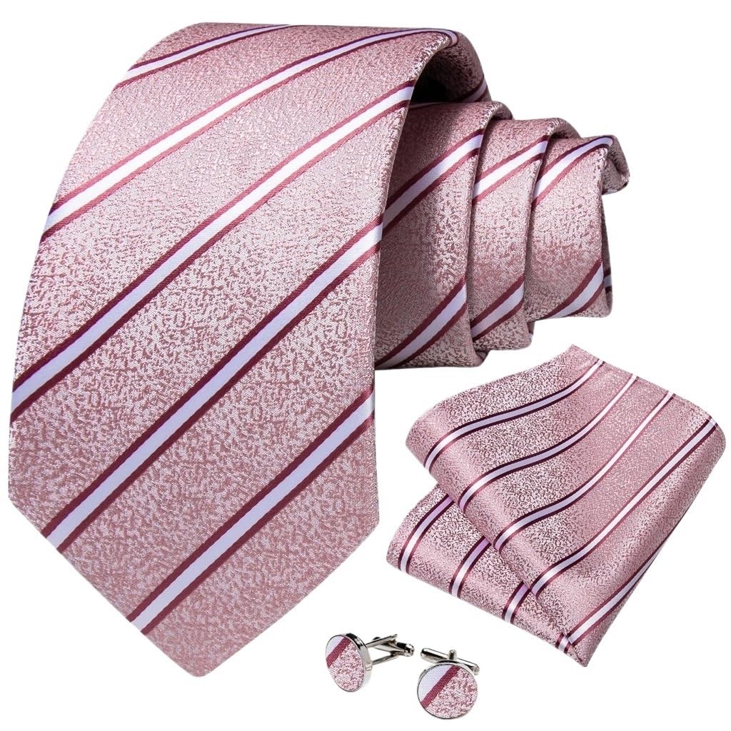 Men Pink Solid Necktie Set with Pocket Square Cufflinks