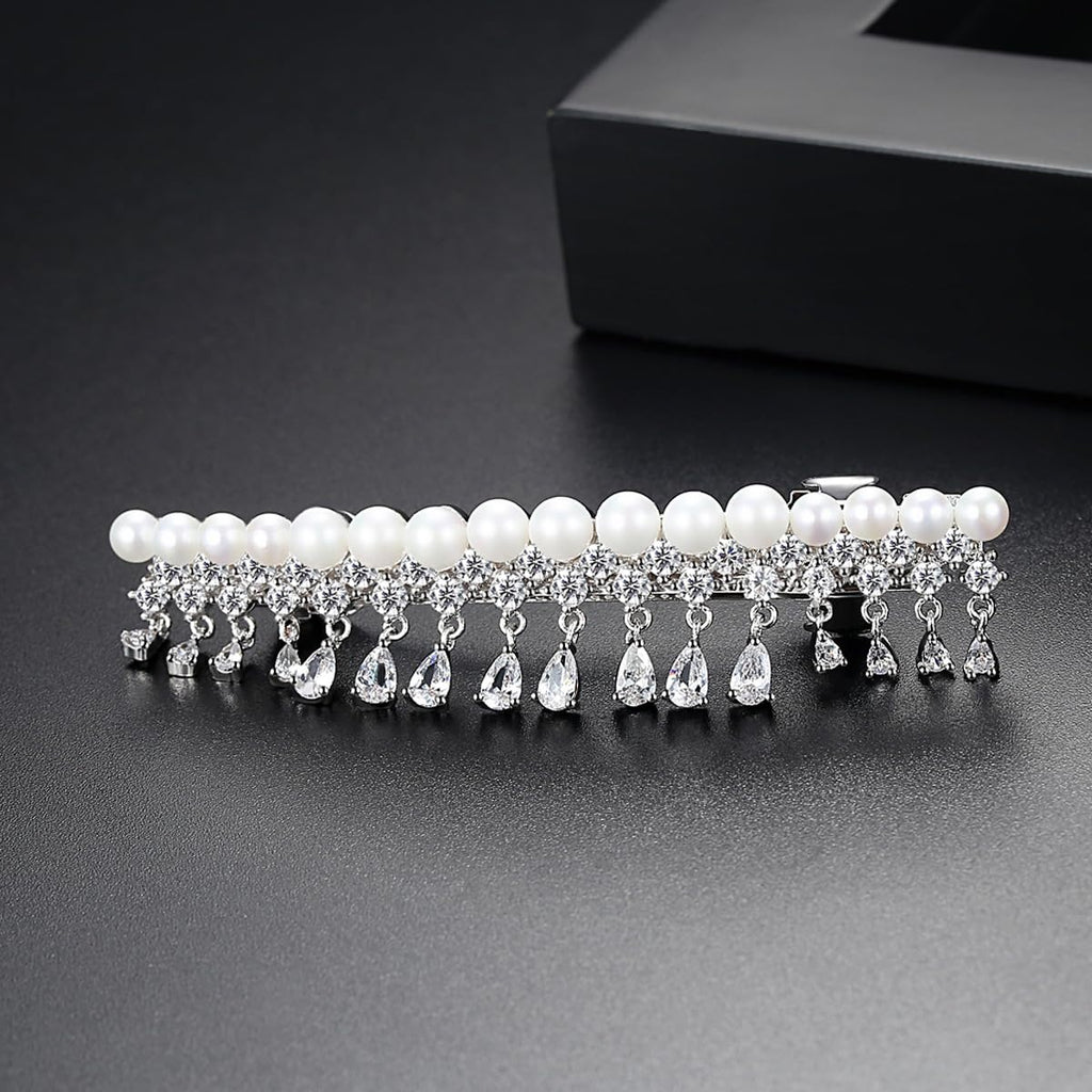 14K Gold Crystal Barrette Flower Pearl Hair Clip Tassel Accessory