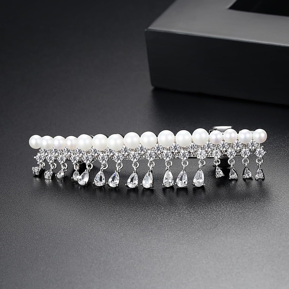14K Gold Crystal Barrette Flower Pearl Hair Clip Tassel Accessory